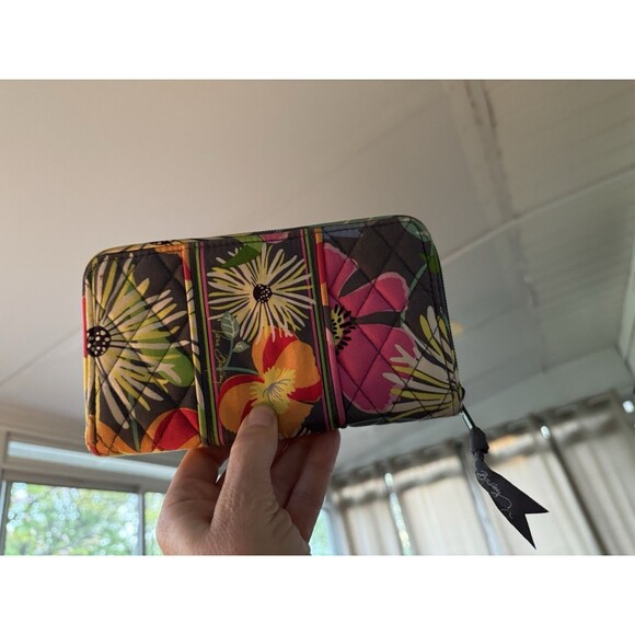 Vera Bradley Jazzy Blooms 8” Wallet Gray Pink Orange Green Zip Compartments - Picture 3 of 5
